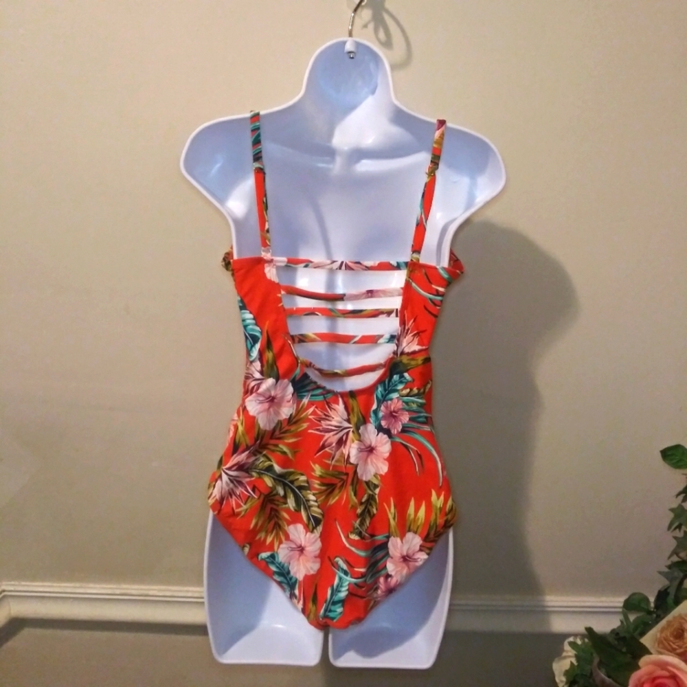Kona Sol Coral & Multi Floral Hawaiian Print One Piece Ladder Back Swimsuit - Picture 6 of 13